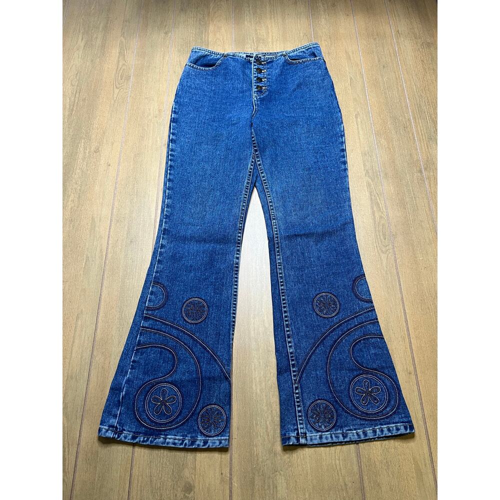 GASOLINE Flare Jeans Womens Sz 28 Vintage Y2K Embroidered Denim High Rise Rave